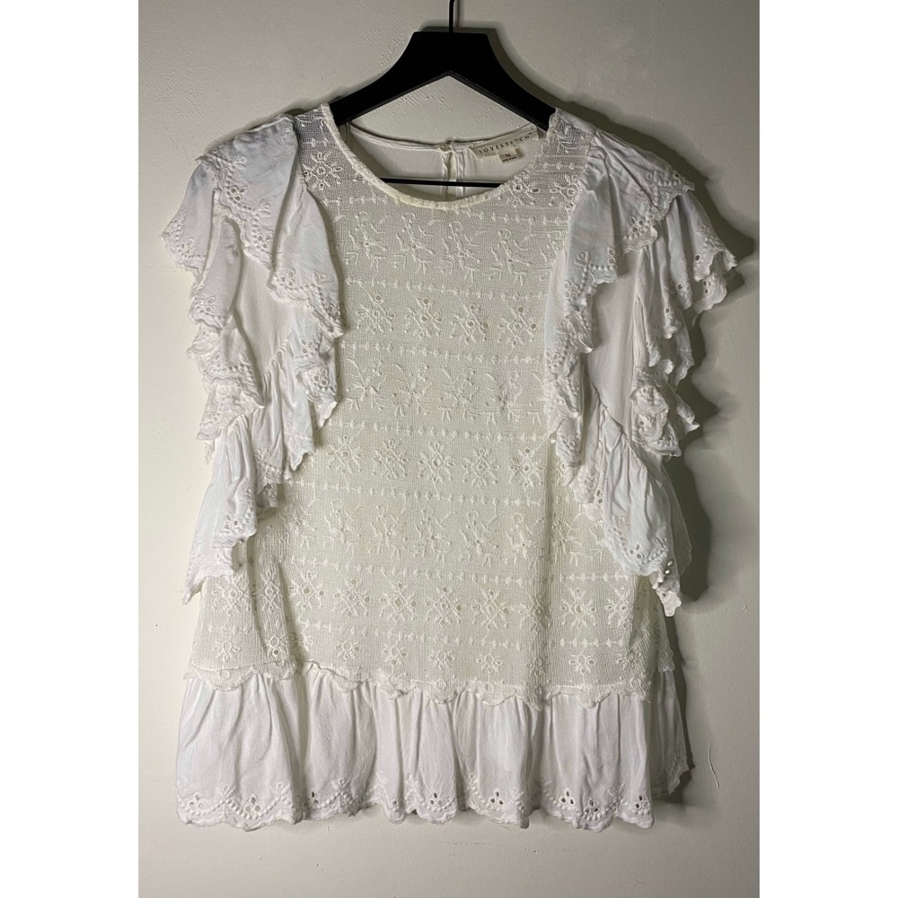 Lovestitch White Ruffle Trim Eyelet Embroidered Top Size M